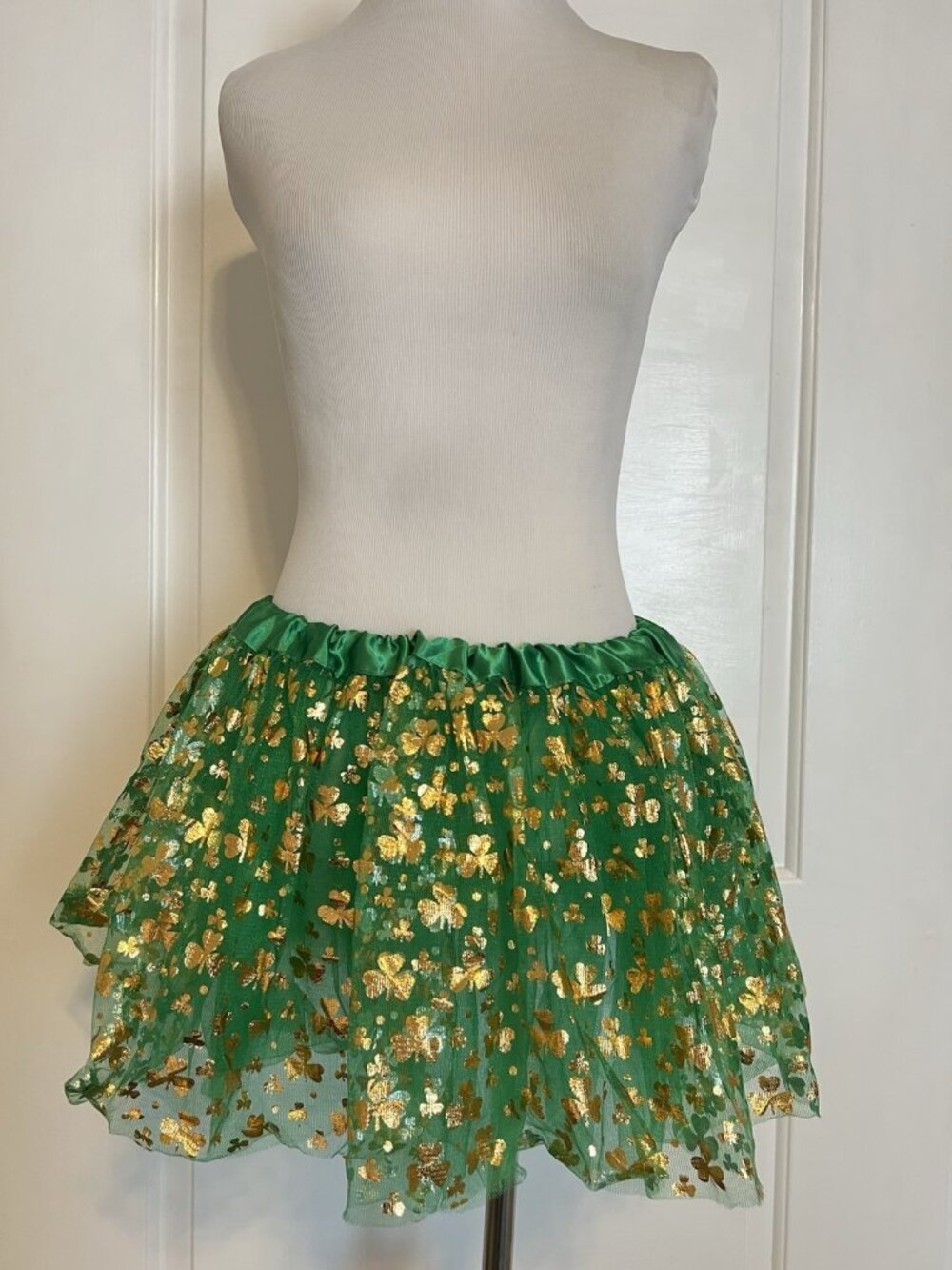 St. Patrick's Day Shamrock Tutu Green Gold Layered Tulle Skirt Adult Costume M